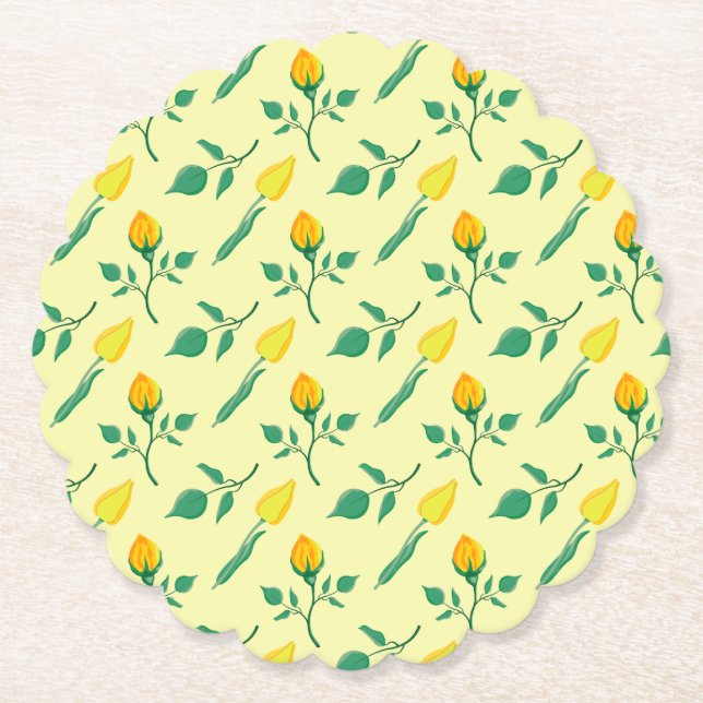 Posavasos De Papel Patrón floral con flores amarillas de rosa y tulip (Anverso)