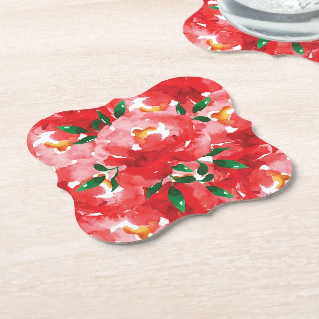 Posavasos De Papel Patrón floral de rosas rojas (En perspectiva)