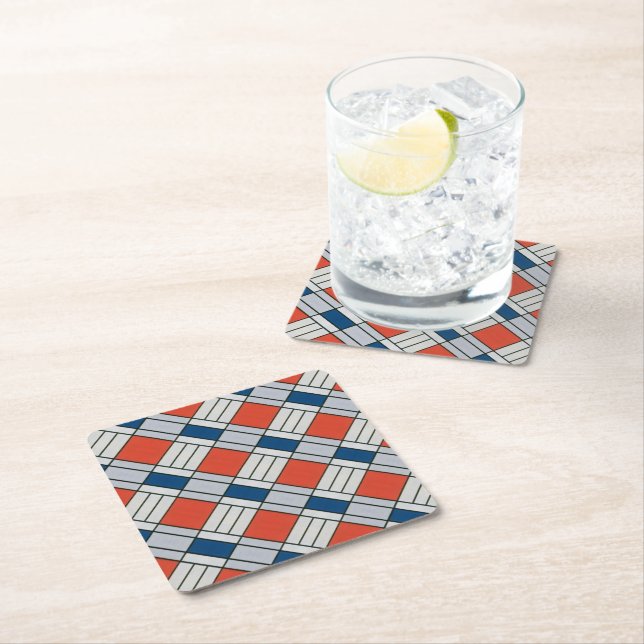 Posavasos De Papel Patrón geométrico retro rojo azul (In situ)