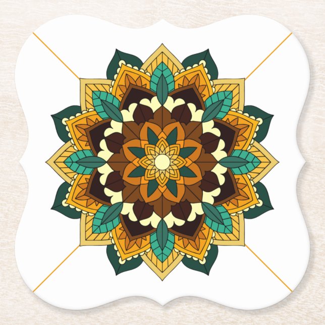 Posavasos De Papel Patrón Mandala 02 en amarillo y marrón (Anverso)