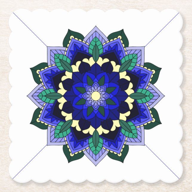 Posavasos De Papel Patrón Mandala 02 en la montaña rusa de papel azul (Anverso)