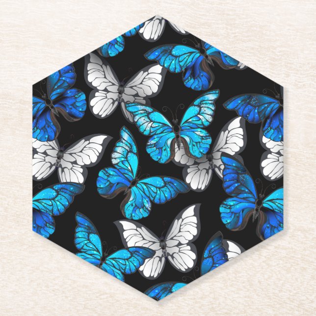 Posavasos De Papel Patrón oscuro sin foco con mariposas azules morfo (Anverso)
