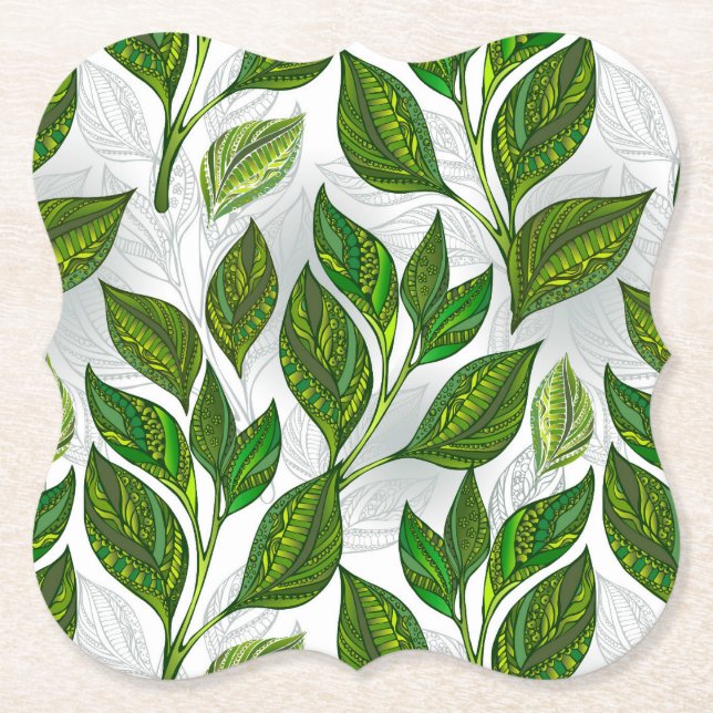 Posavasos De Papel Patrón sin inconvenientes con hojas de té verdes (Anverso)