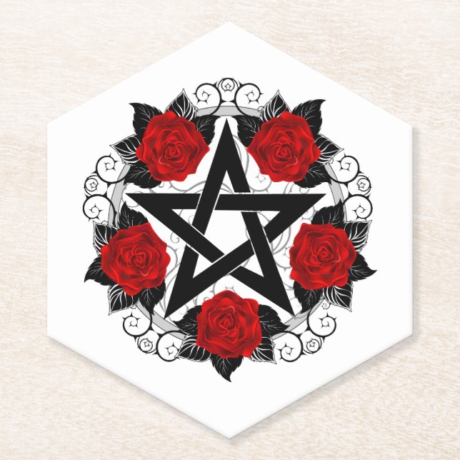 Posavasos De Papel Pentagram con rosas rojas (Anverso)