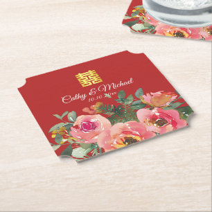 Posavasos De Papel Peonía doble felicidad floral boda china roja