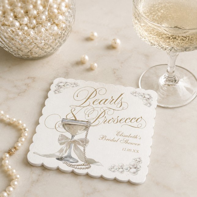Posavasos De Papel Perlas y Prosecco Arco Blanco para Desayuno de Nov (Pearls and Prosecco White Bow Bridal Shower Paper Coaster)