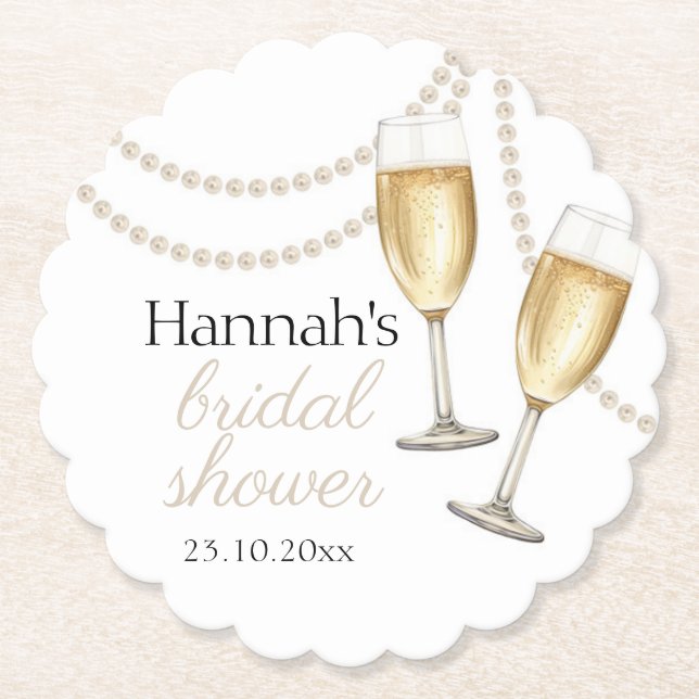 Posavasos De Papel Perlas y prosecco Elegante ducha nupcial (Anverso)
