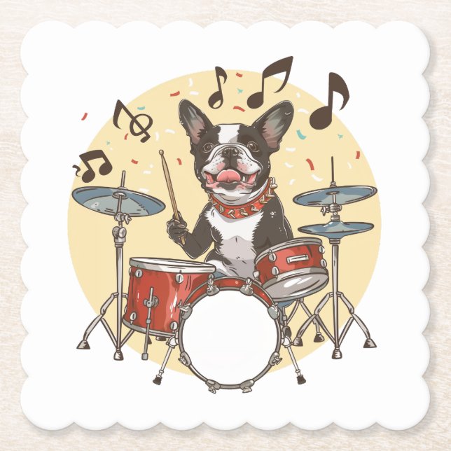 Posavasos De Papel Perro Boston Terrier tocando la batería (Anverso)
