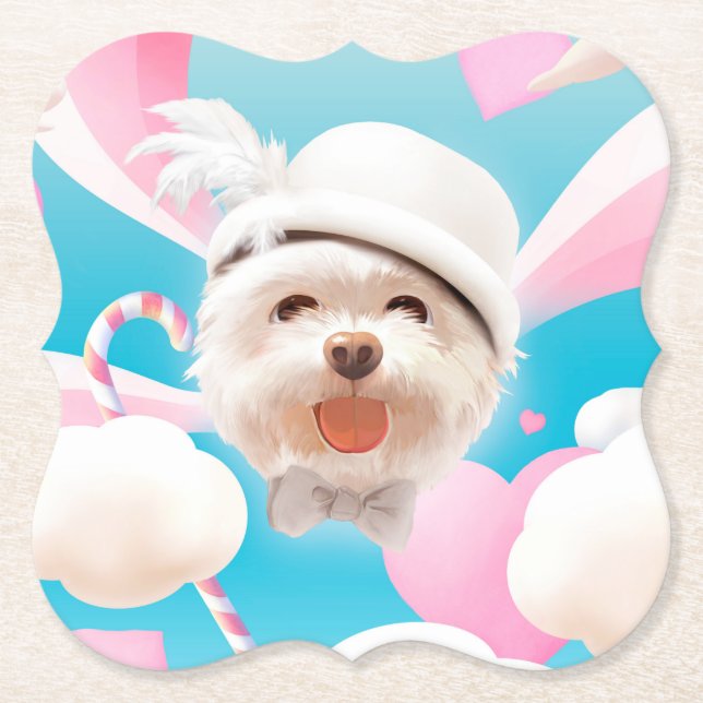 Posavasos De Papel Perro esponjoso con Gorra blanco (Anverso)