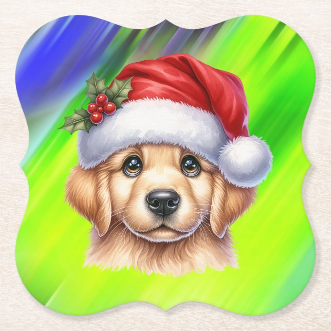 Posavasos De Papel Perro Golden Retriever con Santa Claus Style-82535 (Anverso)