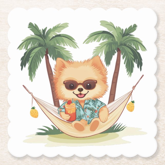Posavasos De Papel Perro Pomeraniano En Una Camisa Hamaca Hawaiana (Anverso)