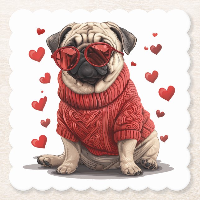 Posavasos De Papel Perro Pug día de San Valentín (Anverso)