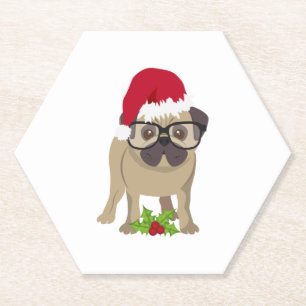 Posavasos De Papel Perro pug lindo en Navidades Santa Hat.