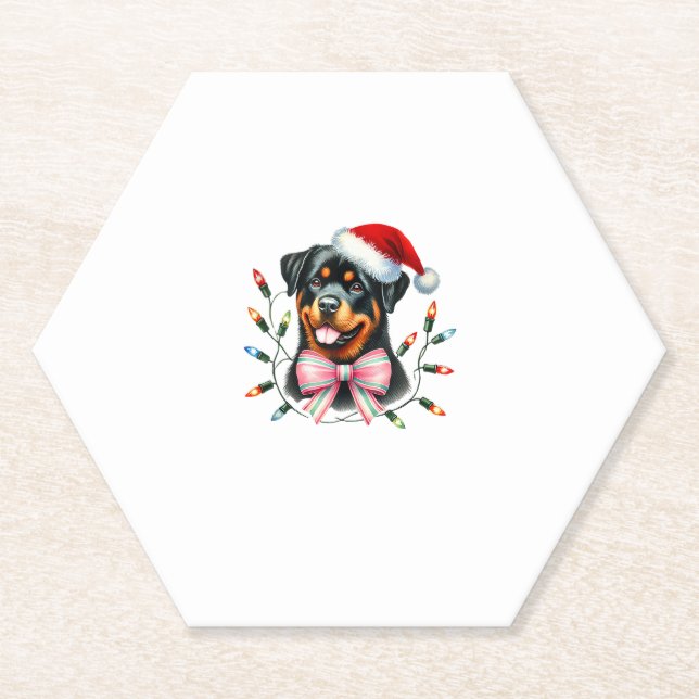 Posavasos De Papel Perro Rottweiler con Navidades Coquette Bow (Anverso)