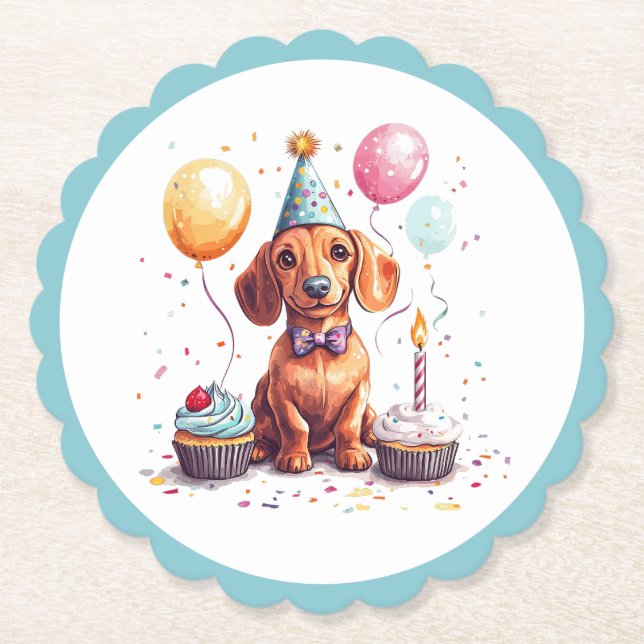 Posavasos De Papel Perros Dachshund de cumpleaños (Anverso)