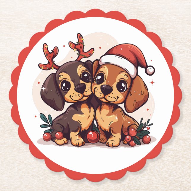 Posavasos De Papel Perros Dachshund de Navidad (Anverso)