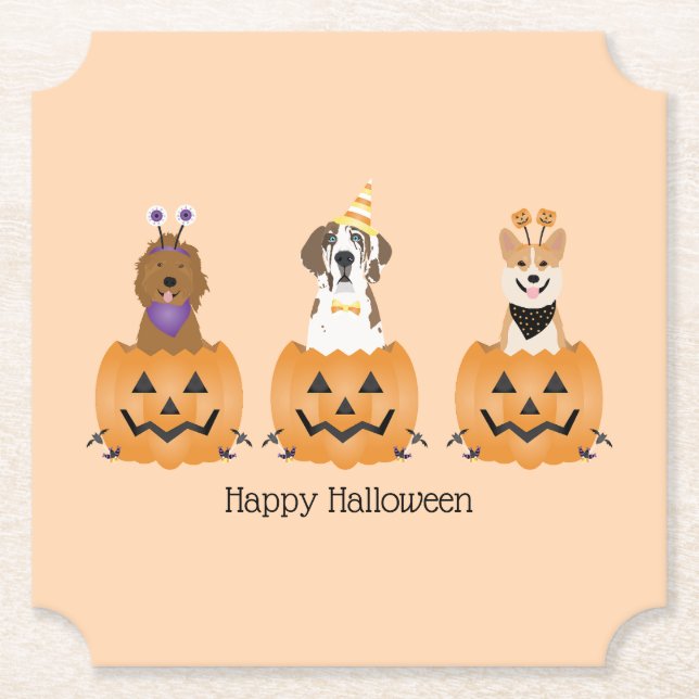 Posavasos De Papel Perros felices de Halloween en calabazas (Anverso)