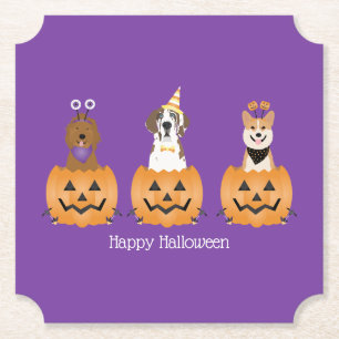 Posavasos De Papel Perros felices de Halloween en calabazas
