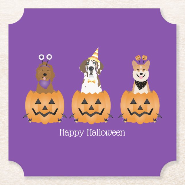 Posavasos De Papel Perros felices de Halloween en calabazas (Anverso)