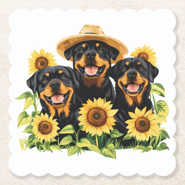 Posavasos De Papel Perros Rottweiler Rodeados De Sunflowers (Anverso)