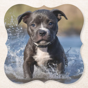 Posavasos De Papel "Perseguidor de olas: un cachorro Staffy jugando e