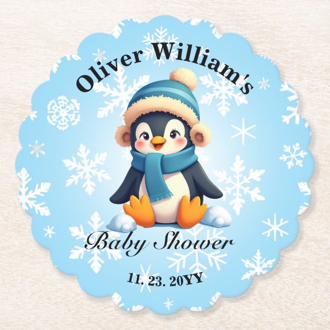 Posavasos De Papel Personalizado Bebé Pingüino Baby Shower Reasters d (Anverso)