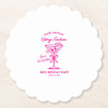 Posavasos De Papel Personalizado Coaster 80th Birthday Pink Espresso<br><div class="desc">Un espresso martini muestra que el invitado de honor es "un poquito mayor". paleta de colores rosa pálido. garabato de moda,  estilo garabato. Martini con un arco y judías de expreso.</div>