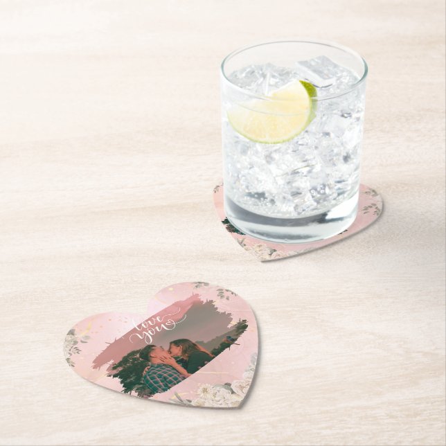 Posavasos De Papel Personalizado Cute Love You Foto De Pareja Floral  (In situ)