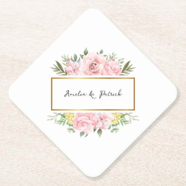 Posavasos De Papel Personalizado floral rosa rosa romántico desechabl (Anverso)