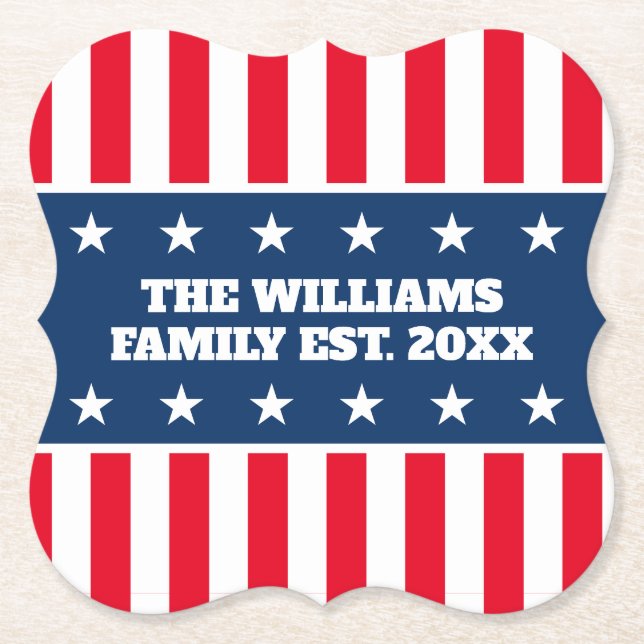 Posavasos De Papel Personalizado nombre de familia 4 de julio celebra (Anverso)