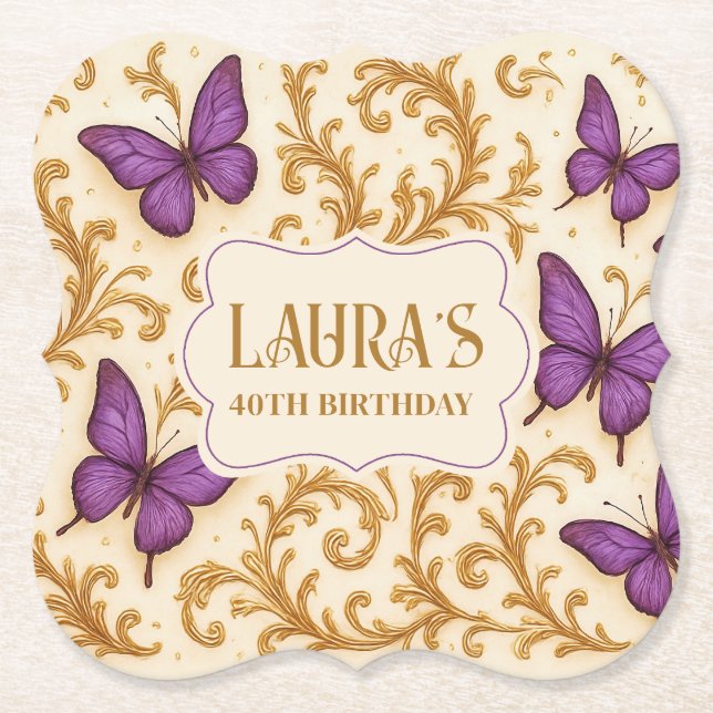 Posavasos De Papel Personalizado Royal Gold Purple Butterfly Cumpleañ (Anverso)