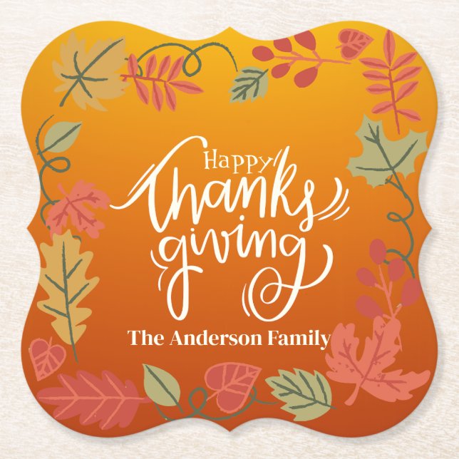 Posavasos De Papel Personalized Happy Thanksgiving Family Name (Anverso)