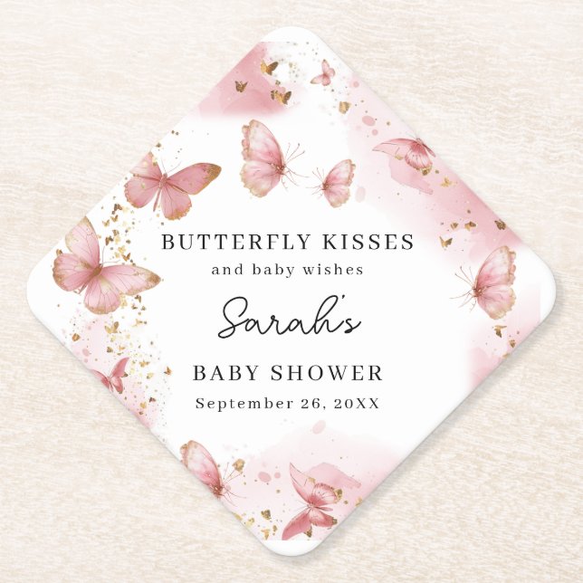 Posavasos De Papel Personalized Pink Butterfly Baby Shower Coaster (Anverso)