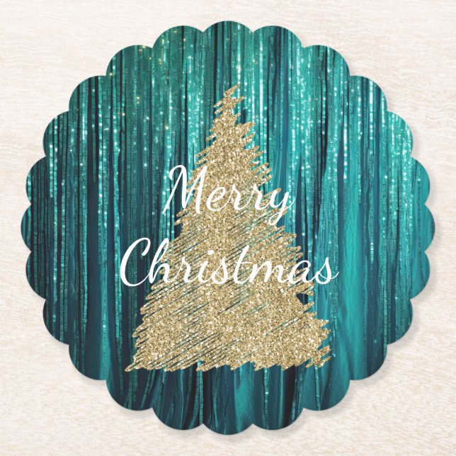 Posavasos De Papel Pine Green Tinsel Gold Christmas Tree (Anverso)