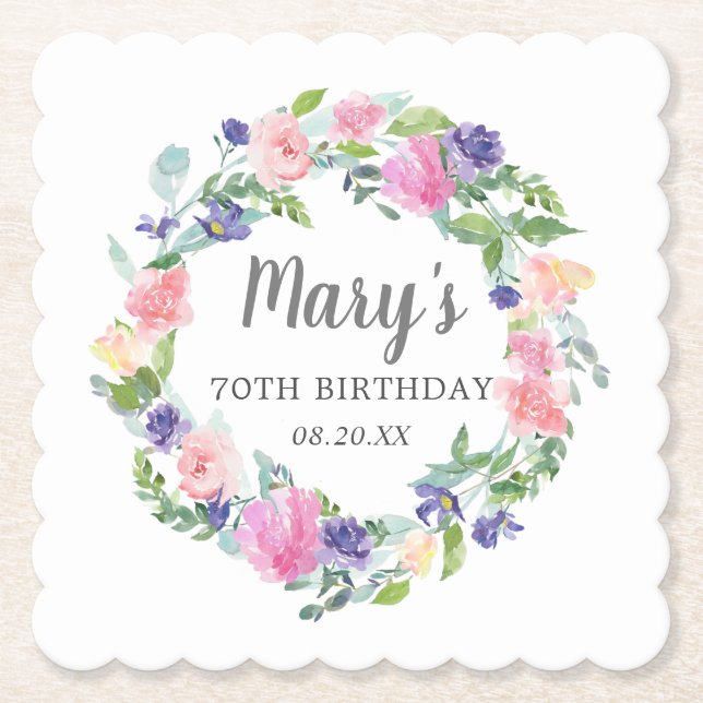 Posavasos De Papel Pink Blue Purple Floral 70 cumpleaños (Anverso)
