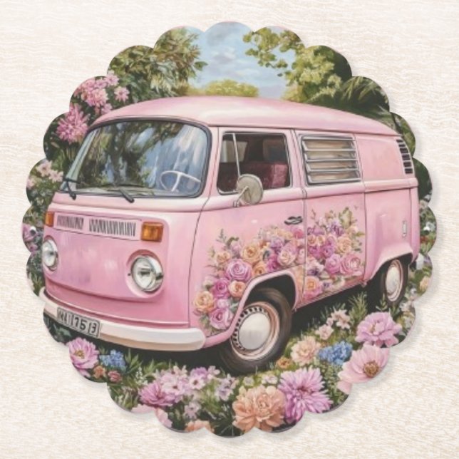 Posavasos De Papel Pink Bus Beach Wall Art, Retro Van Print Californa (Anverso)