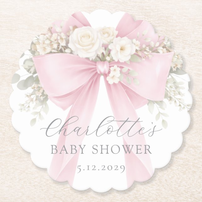 Posavasos De Papel Pink Coquette Bow Floral Baby in bloom baby Shower (Anverso)