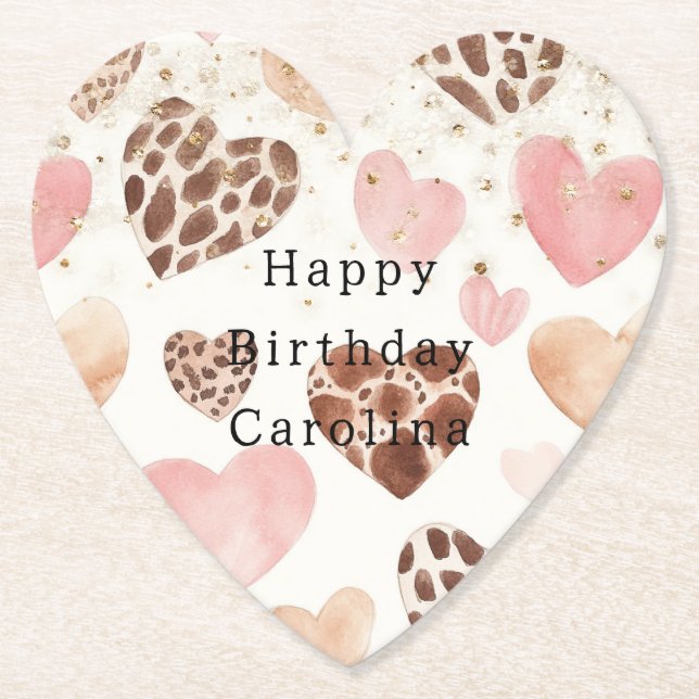 Posavasos De Papel Pink Cream Animal Hearts Gold Sparkle Birthday (Anverso)