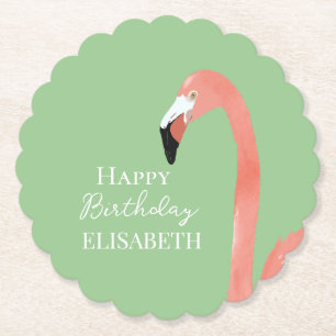 Posavasos De Papel Pink Flamingo Feliz cumpleaños nombre personalizad