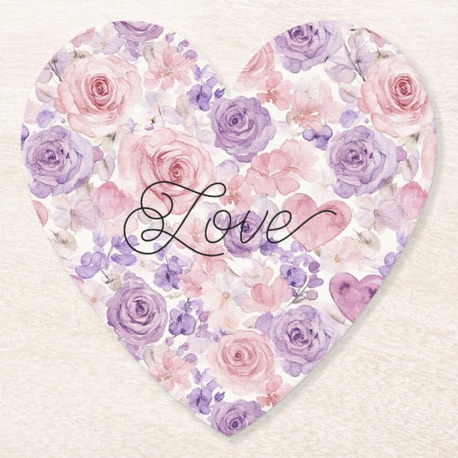 Posavasos De Papel Pink Purple Blush Flowers Hearts Bridal Shower (Anverso)