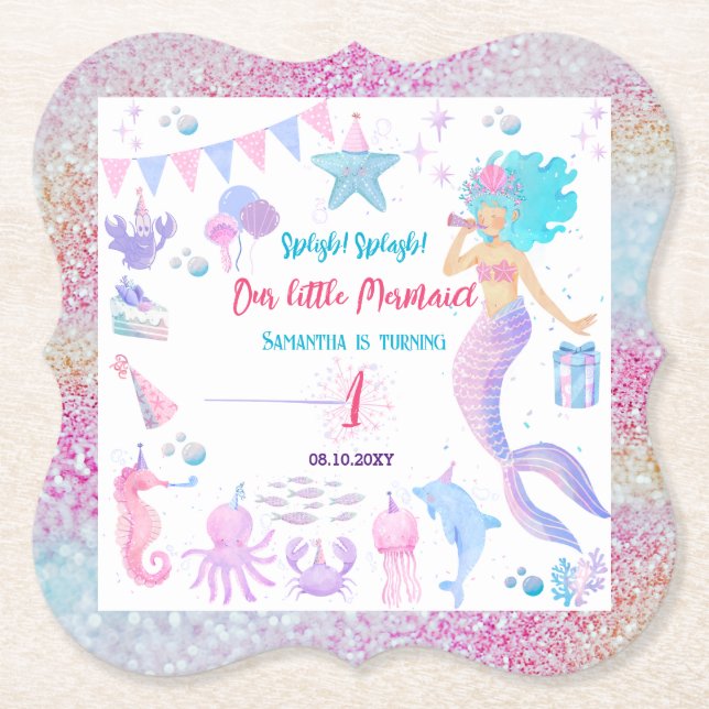Posavasos De Papel Pink Purple Magple Chica Mermaid Cumpleaños (Anverso)