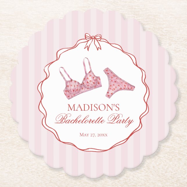 Posavasos De Papel Pink & Red Heart Lingerie Bachelorette Party (Anverso)