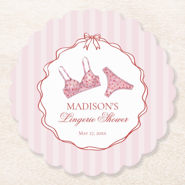 Posavasos De Papel Pink & Red Heart Lingerie Shower Panty Party (Anverso)