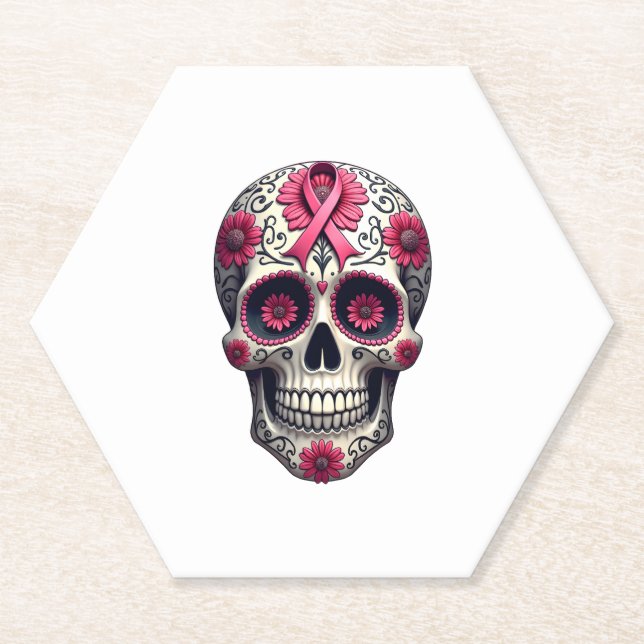 Posavasos De Papel Pink Ribbon Sugar Skull Calavera Breast Cancer Awa (Anverso)