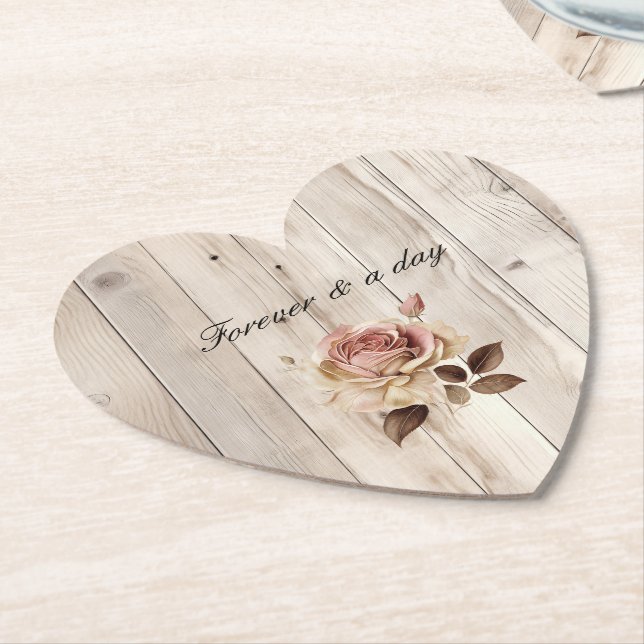 Posavasos De Papel Pink Roses Cream White Wood Wedding (En perspectiva)