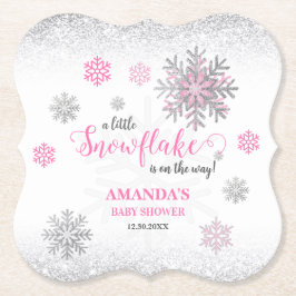 Posavasos De Papel Pink Silver Glittery Snowflake Winter Baby Shower