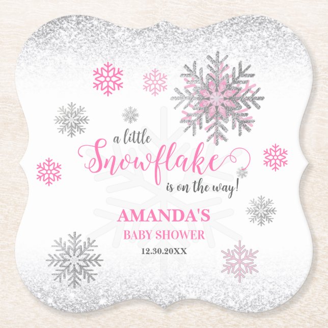 Posavasos De Papel Pink Silver Glittery Snowflake Winter Baby Shower  (Anverso)