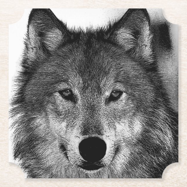 Posavasos De Papel Pintura de Lobo Blanco y Negro (Anverso)