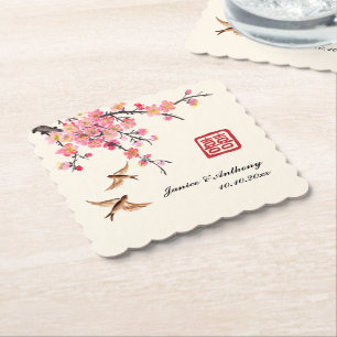 Posavasos De Papel pintura de tinta china floral aves boda