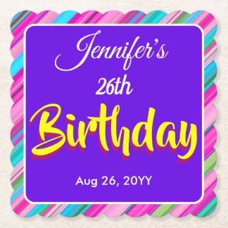 Posavasos De Papel Plantilla personalizada de cumpleaños con rayas de